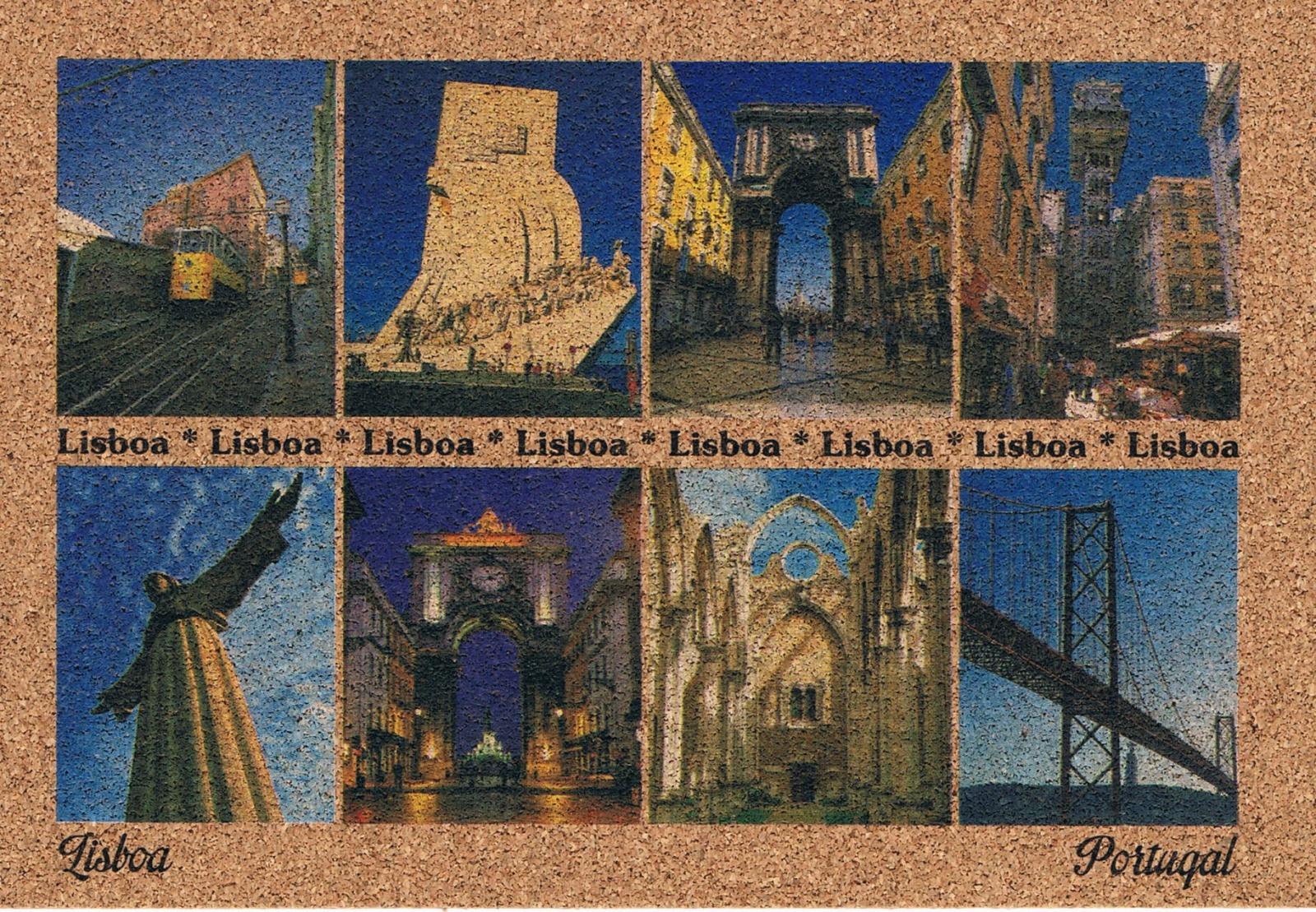Lisbon Bridges, Monuments and Santa Justa Lift Cork Postcard