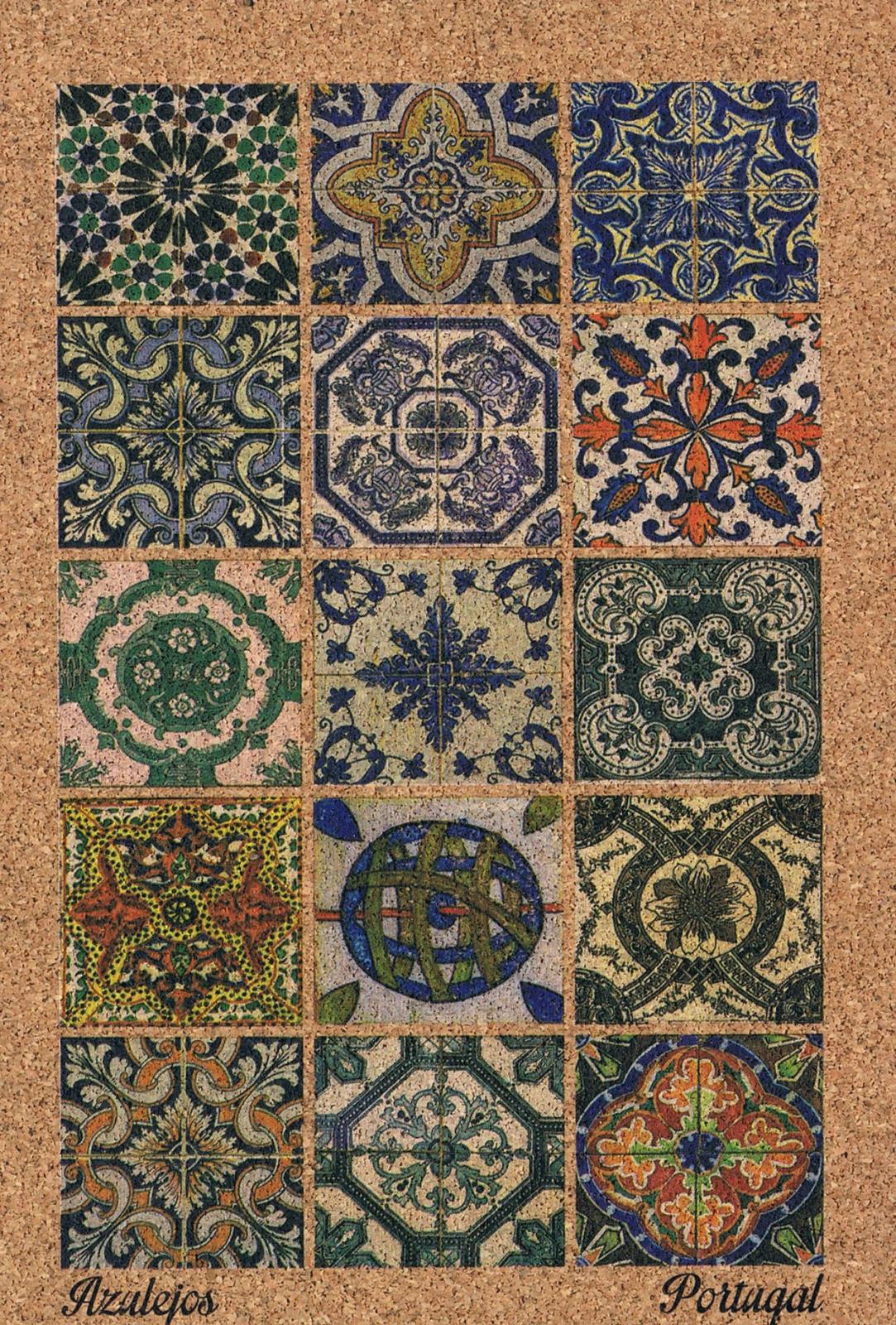 Portuguese Azulejo Floral and Geometric Patchwork Cork Postcard