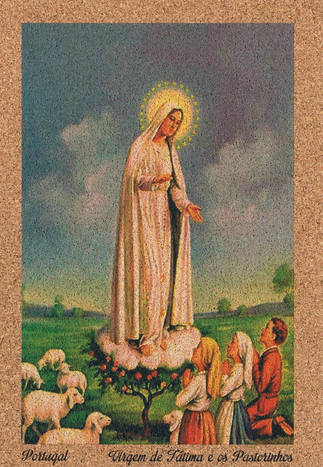 Our Lady of Fátima with Three Shepherd Children Cork Postcard