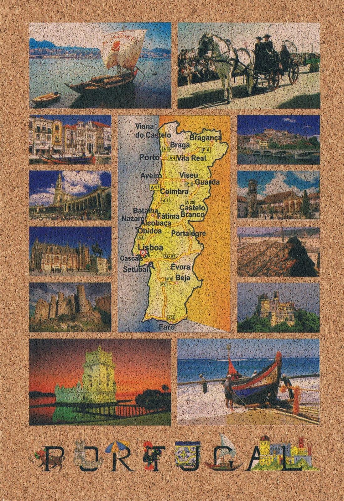 Portugal Map, Rabelo Boat and Regional Views Cork Postcard