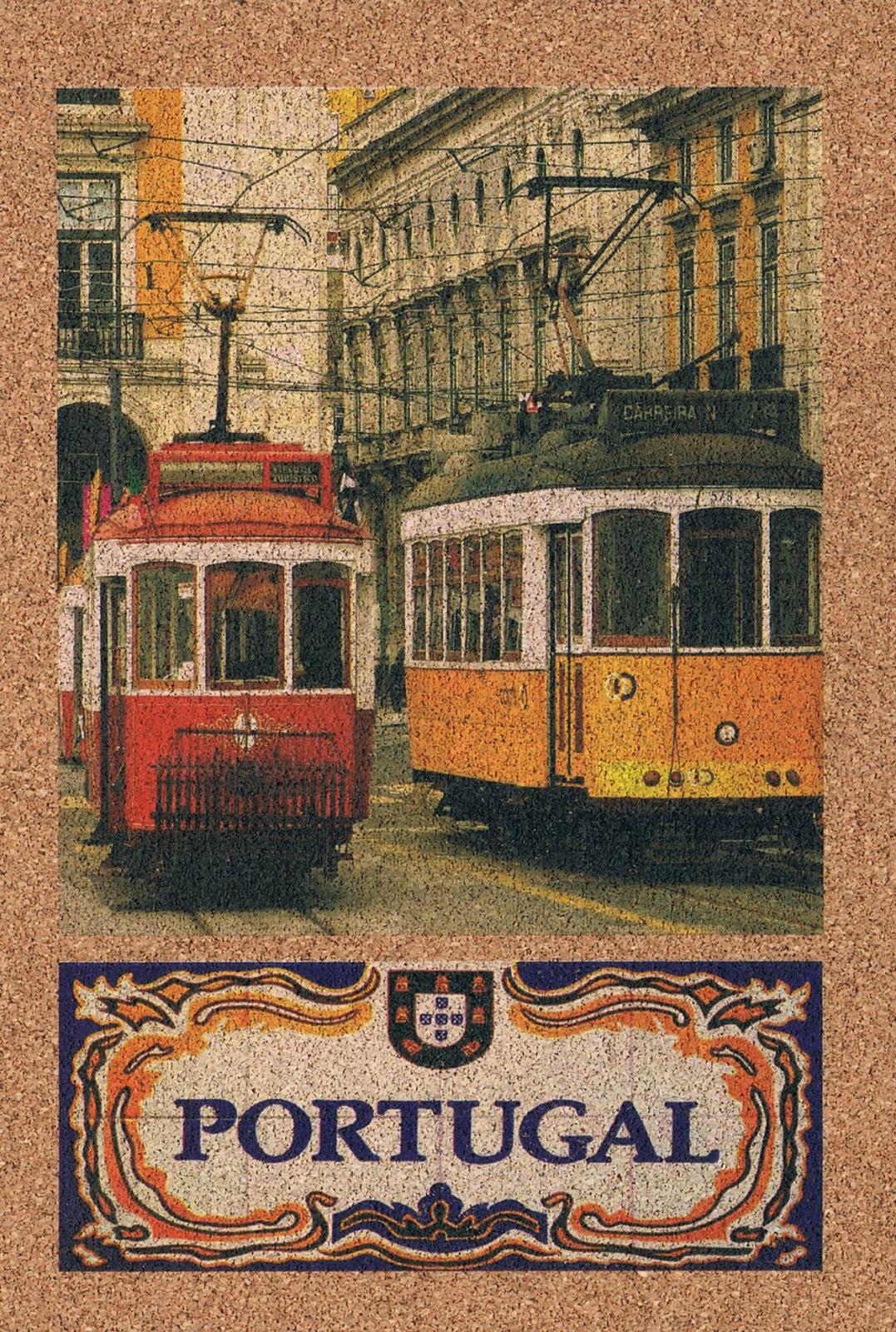 Red and Yellow Lisbon Trams with Portugal Panel Cork Postcard