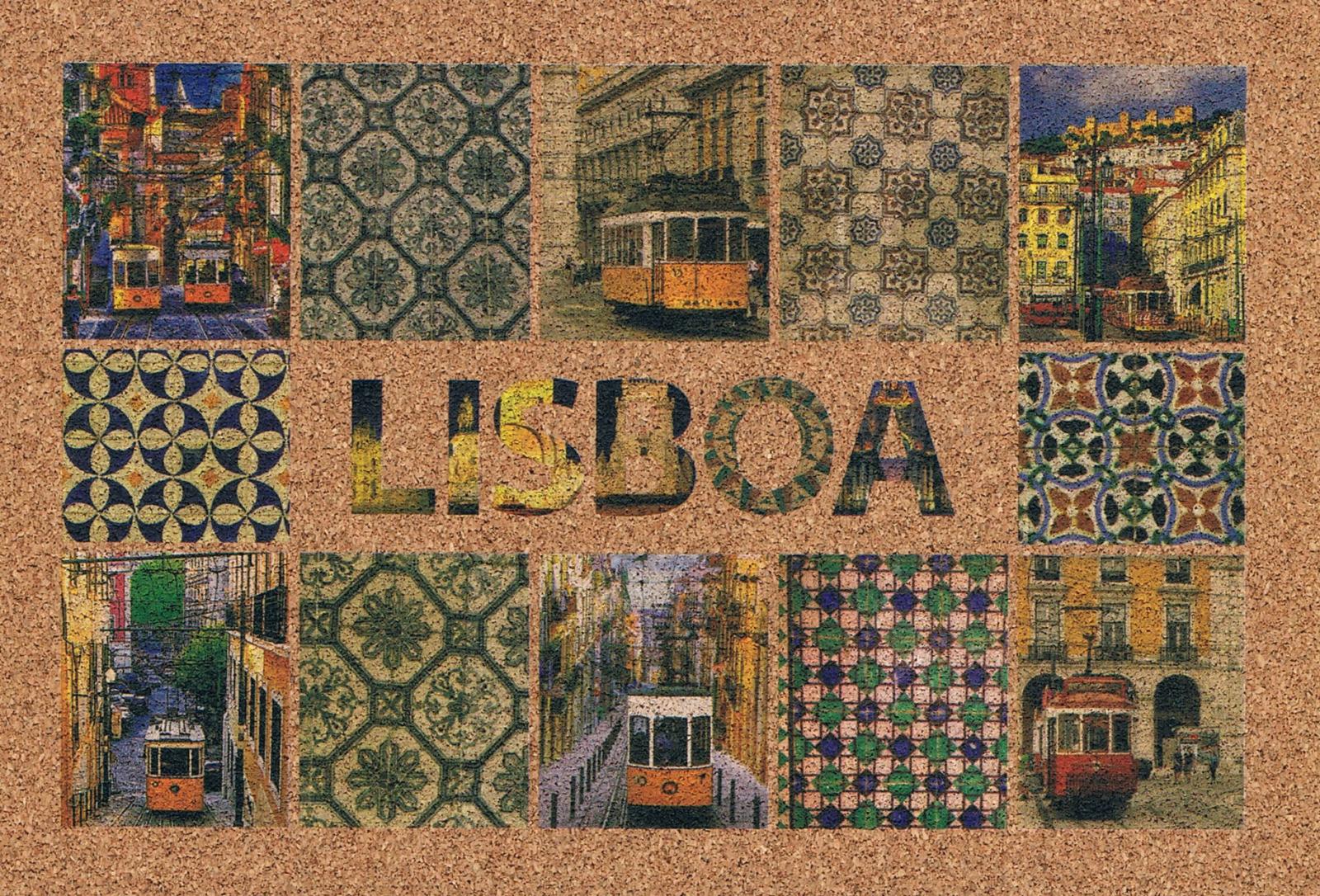 Lisbon Trams and Geometric Azulejo Mosaic Cork Postcard