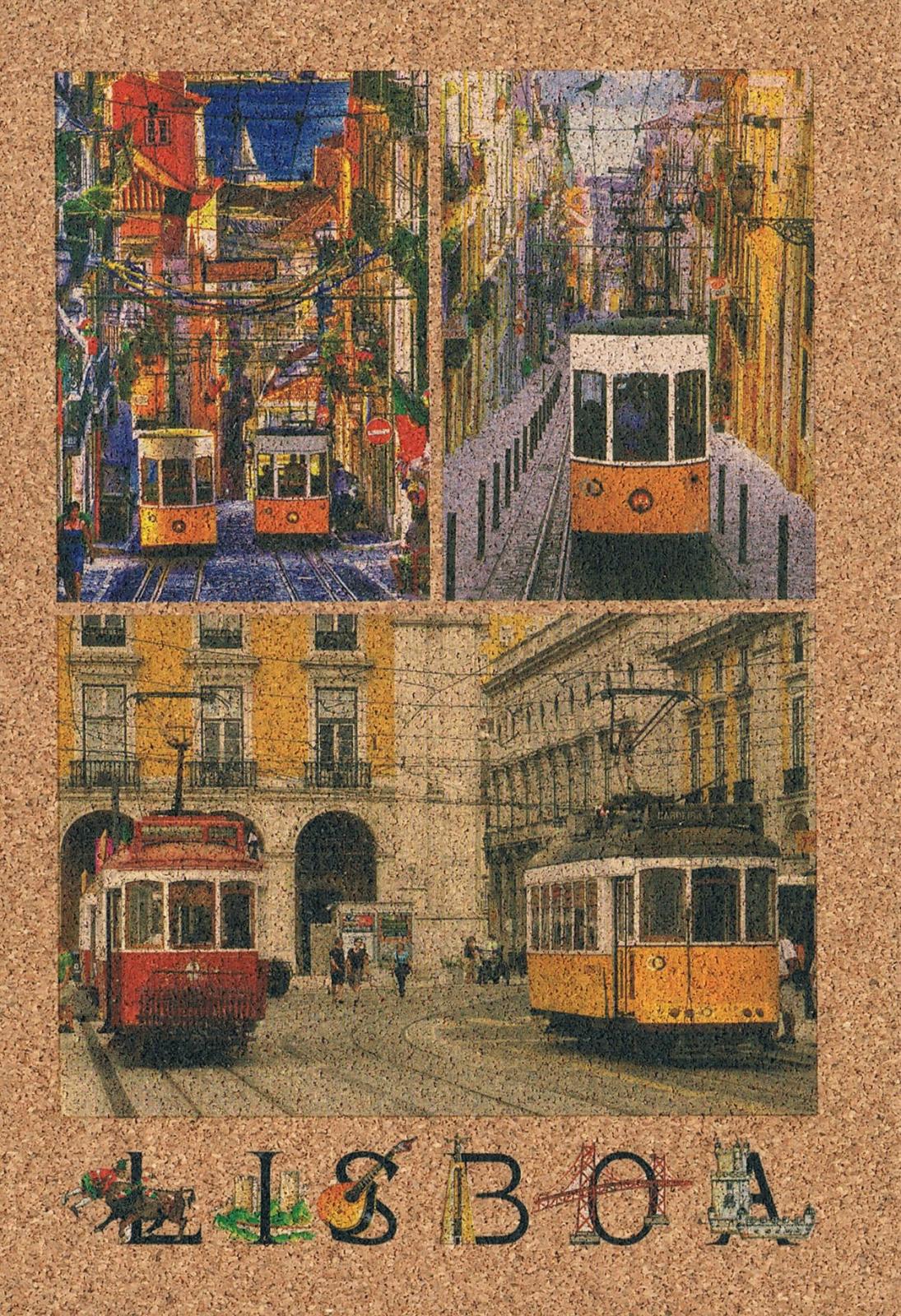 Red and Yellow Lisbon Trams on Historic Streets Cork Postcard