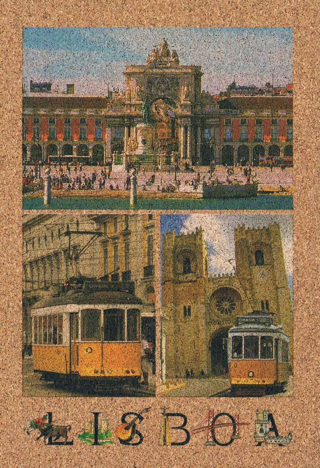 Praça do Comércio, Lisbon Cathedral and Yellow Trams Cork Postcard