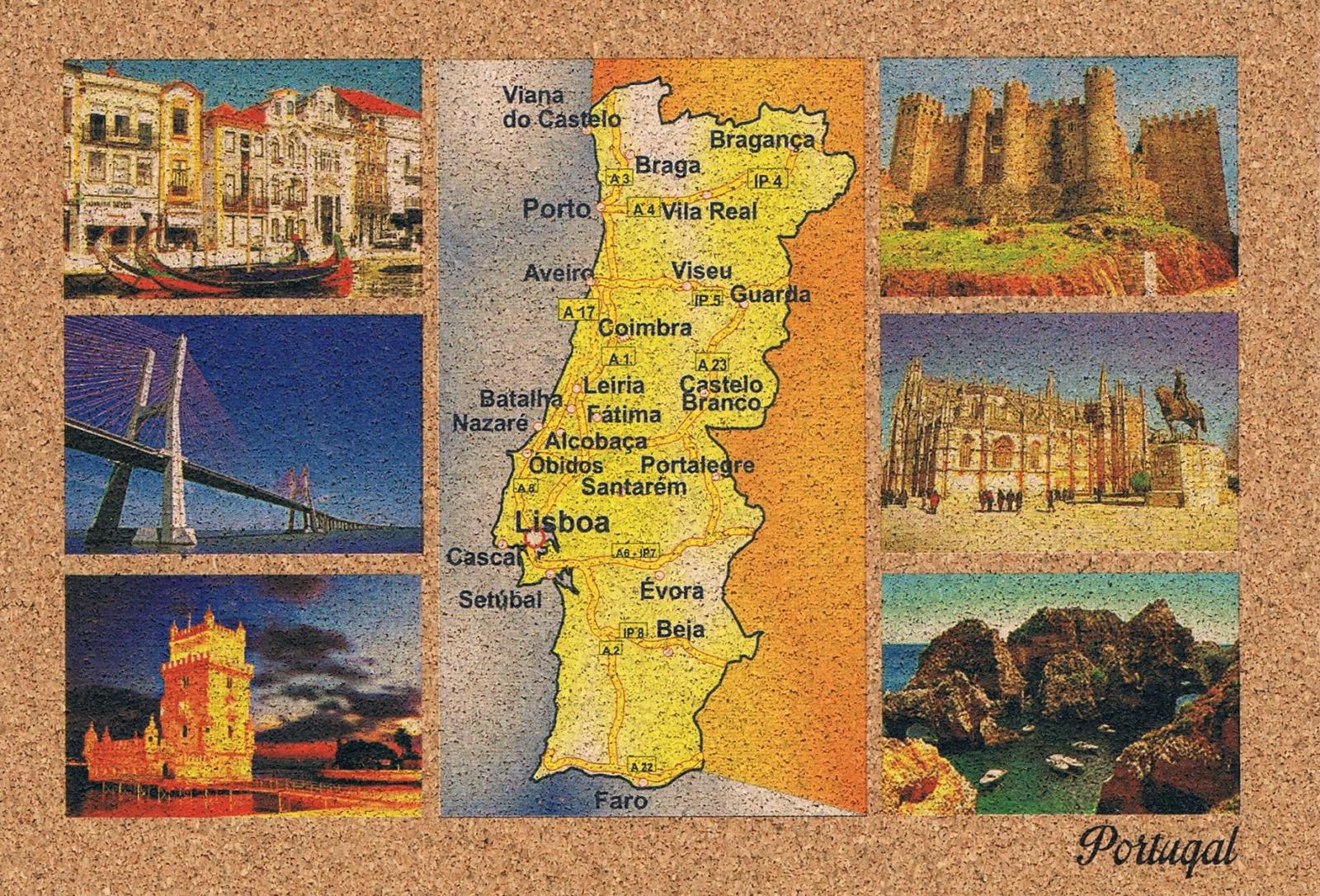 Portugal Map and Regional Landmarks Cork Postcard