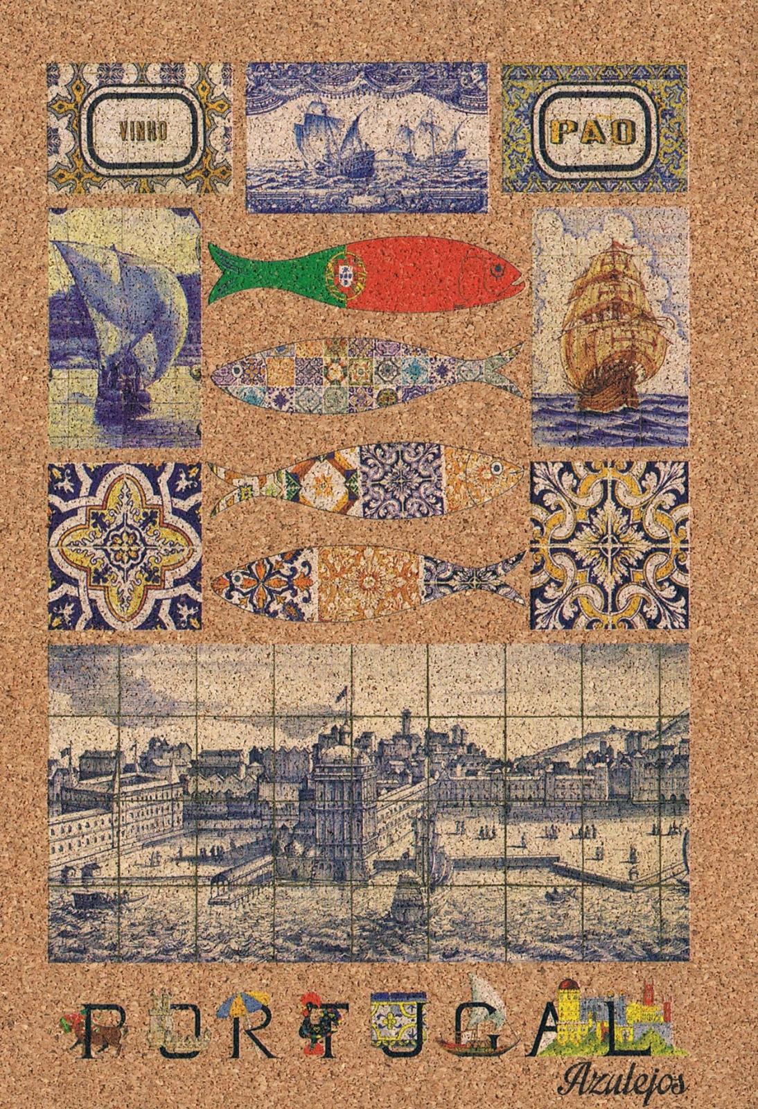 Portuguese Sailing Ships, Flag Sardine and Azulejos Cork Postcard