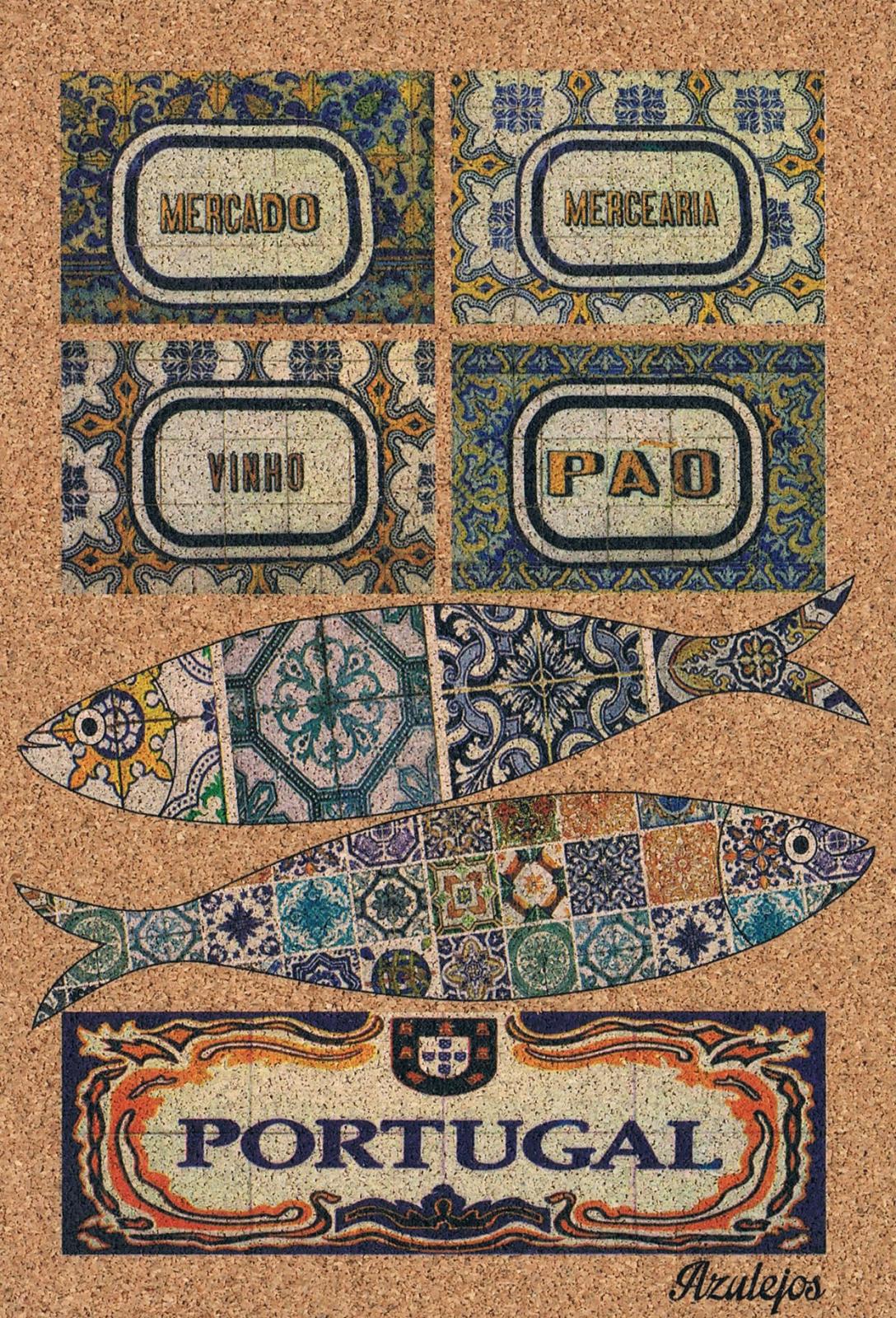 Portuguese Shop Signs and Azulejo Sardines Cork Postcard