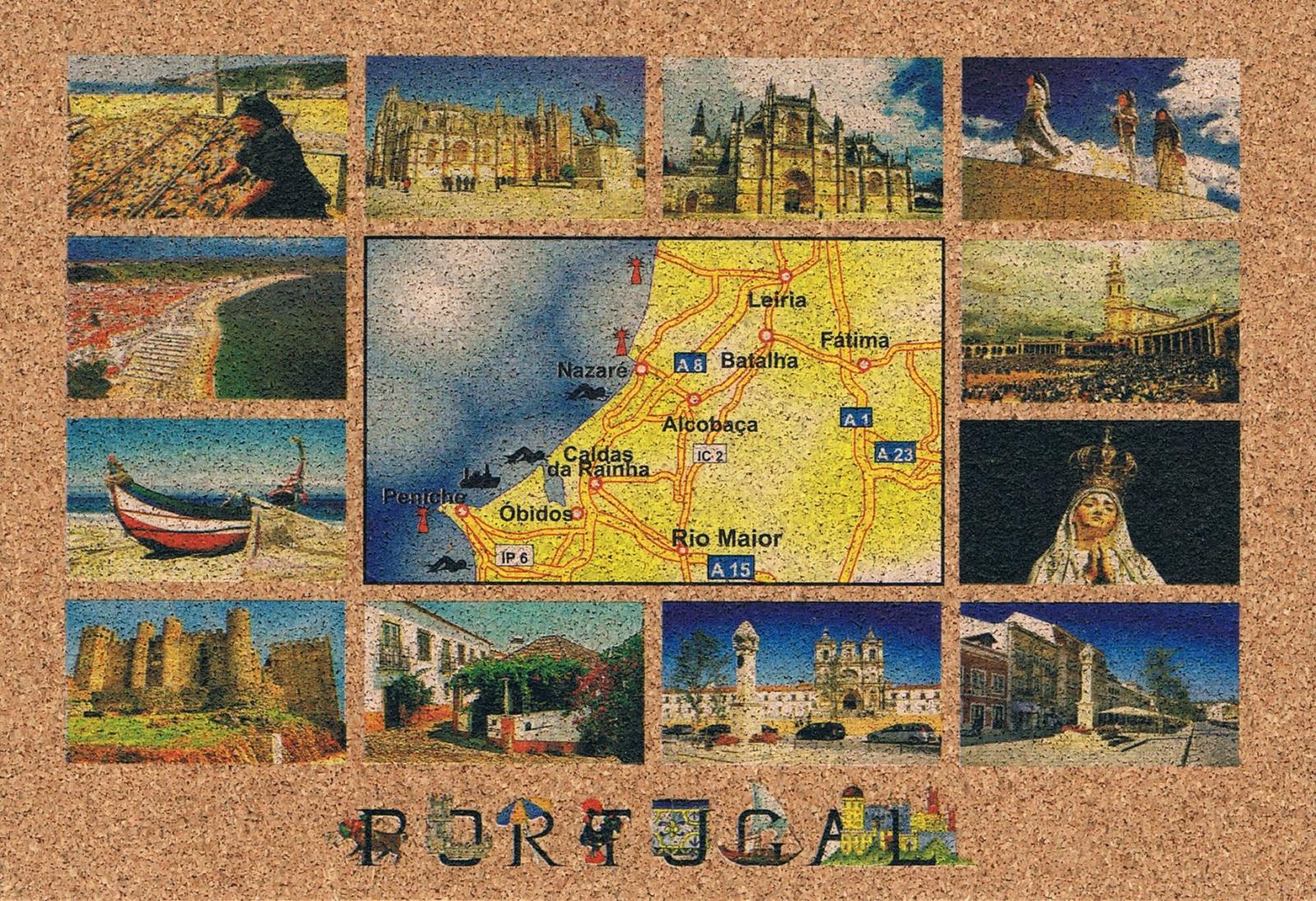 Central Portugal Map, Fátima and Nazaré Cork Postcard