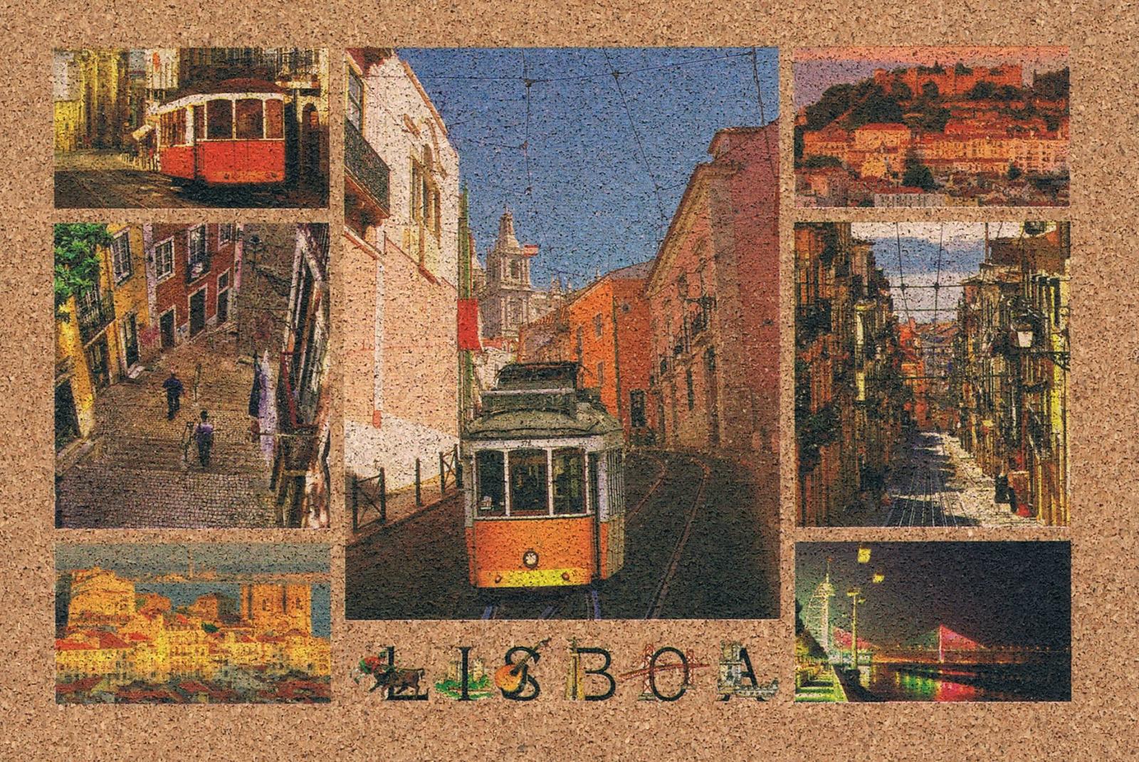 Lisbon Historic Streets and Tram Collage Cork Postcard
