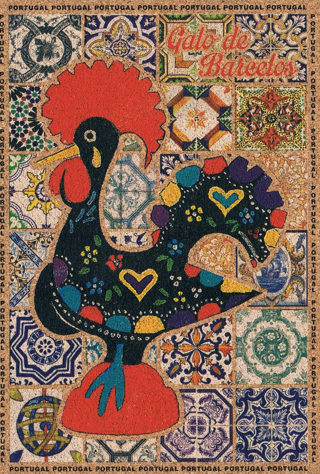 Galo de Barcelos and Azulejo Patchwork Cork Postcard