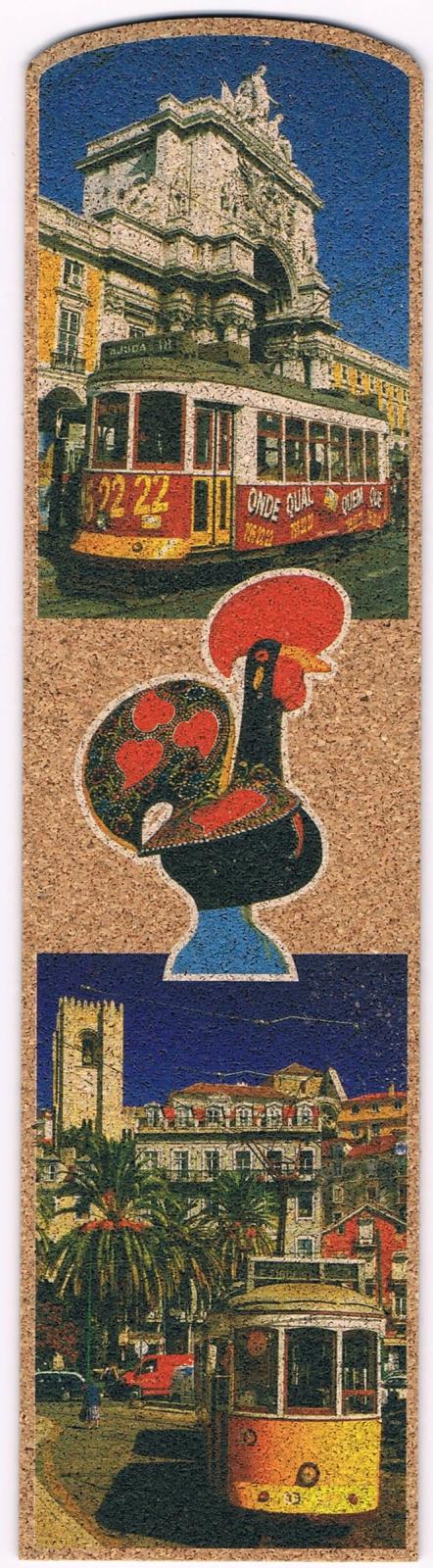 Lisbon Red and Yellow Trams with Galo de Barcelos Cork Bookmark