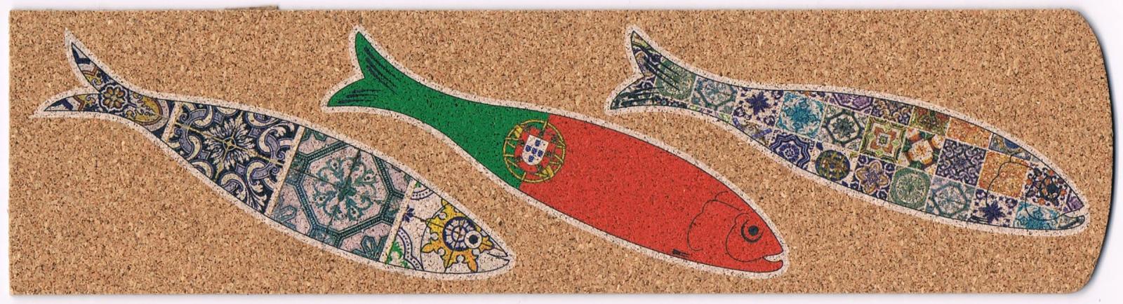 Three Portuguese Sardines with Flag and Azulejos Cork Bookmark