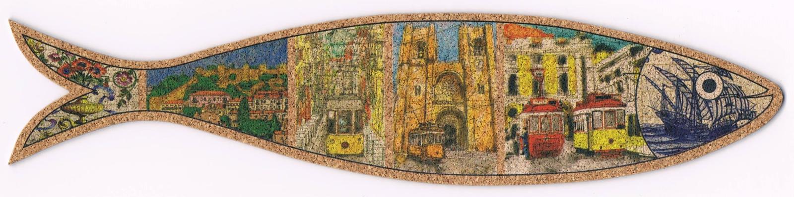 Lisbon Cathedral and Trams Sardine-Shaped Cork Bookmark