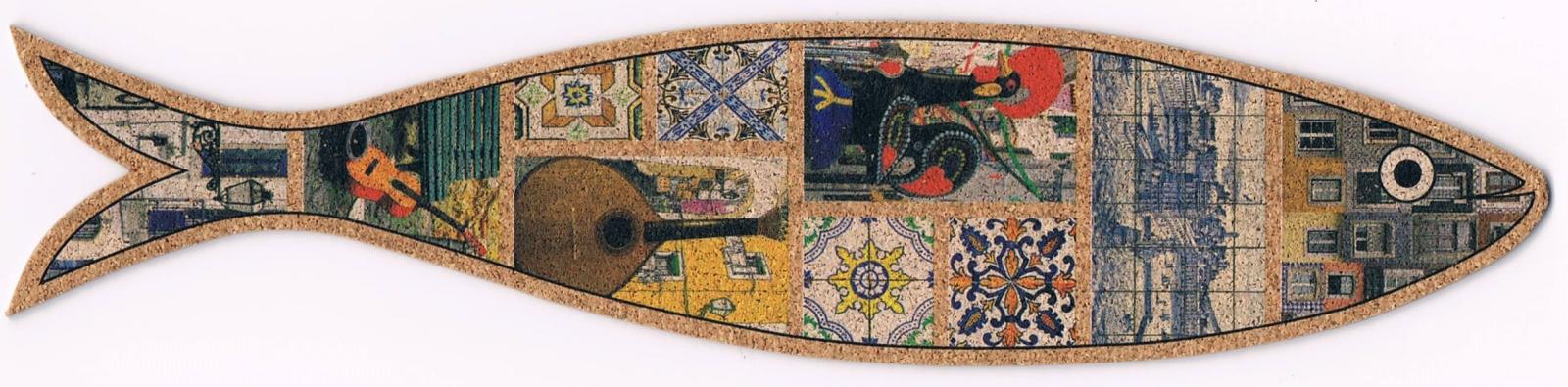 Fado Guitar, Rooster and Tiles Sardine-Shaped Cork Bookmark