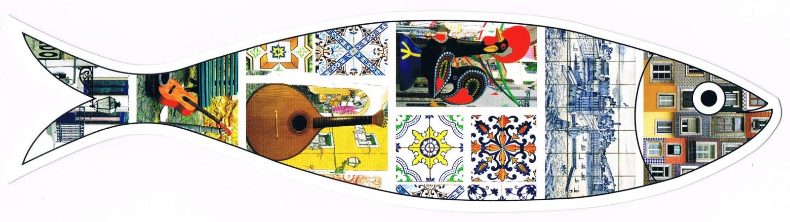 Portuguese Guitar, Rooster and Azulejos Sardine-Shaped Premium Bookmark