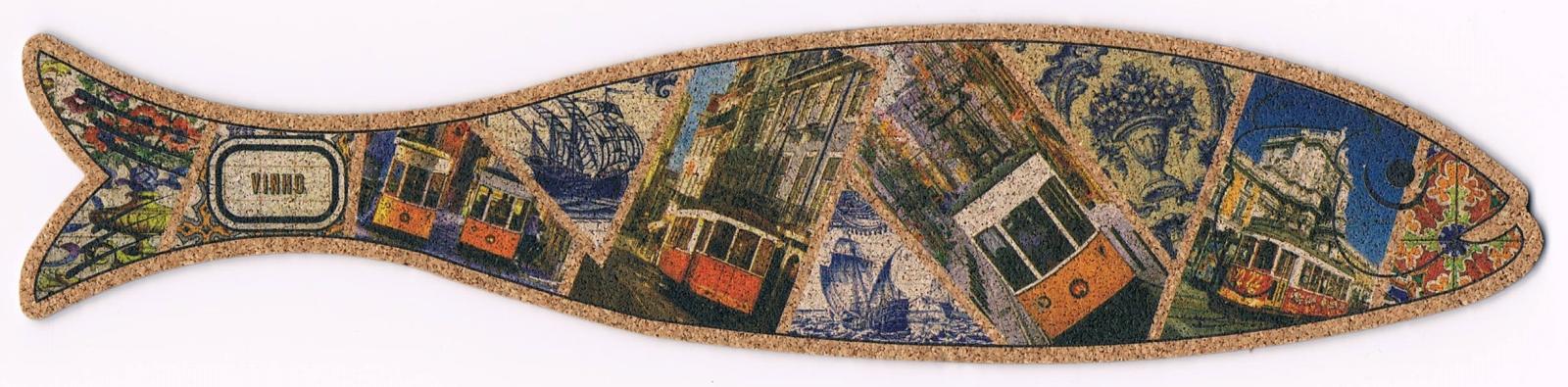 Lisbon Trams and Maritime Collage Sardine-Shaped Cork Bookmark