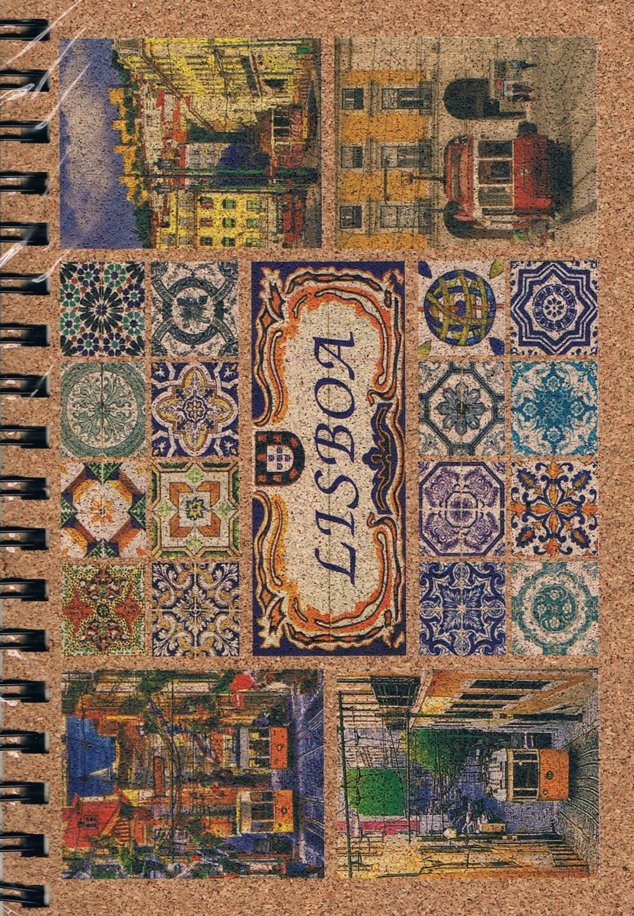 Lisboa Azulejos & Tram Collage Cork-Cover Spiral Notepad