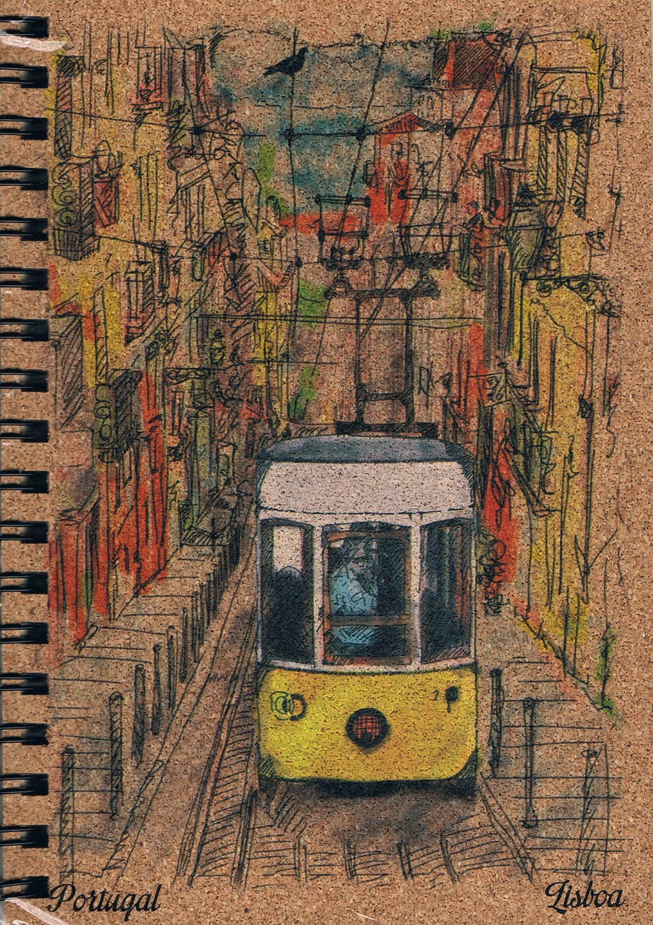 Lisbon Yellow Tram Watercolour Cork-Cover Spiral Notepad