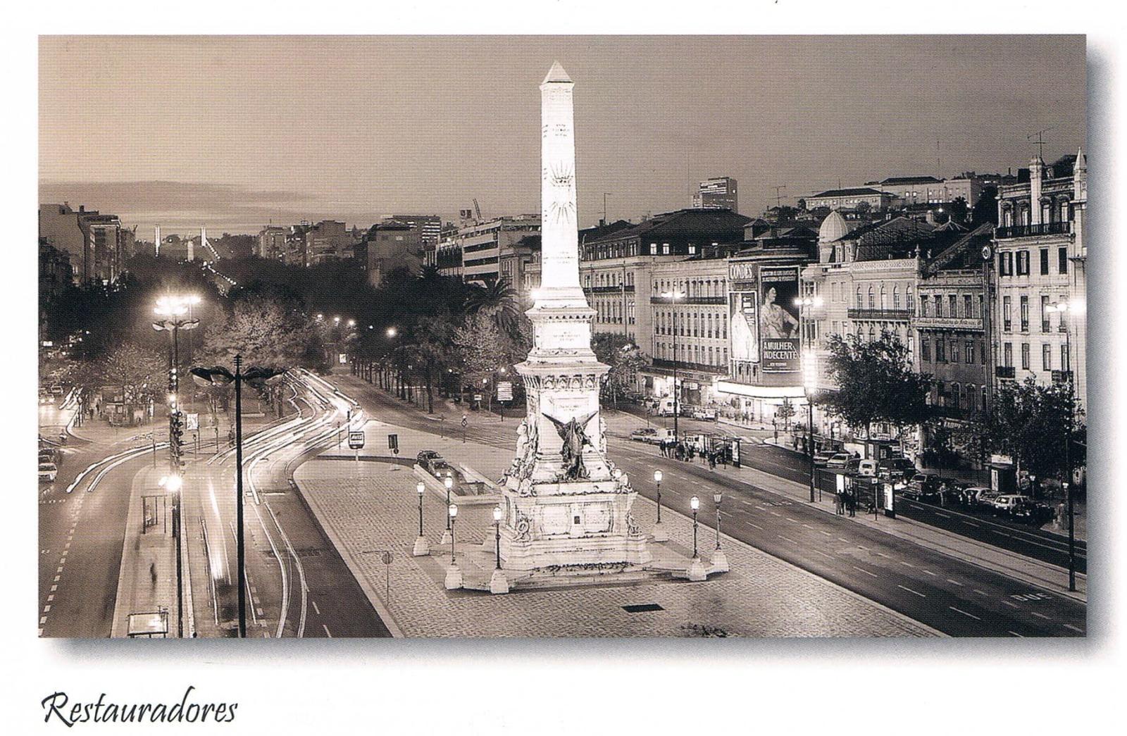 Restauradores Square Lisbon Obelisk at Dusk Monochrome Premium Postcard