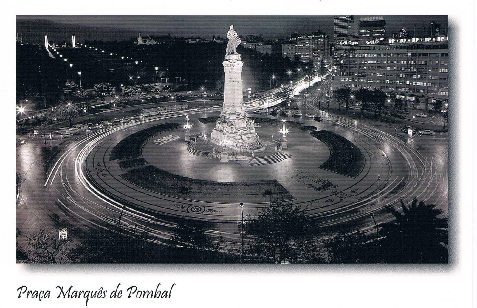 Marquês de Pombal Roundabout Lisbon at Night Monochrome Premium Postcard