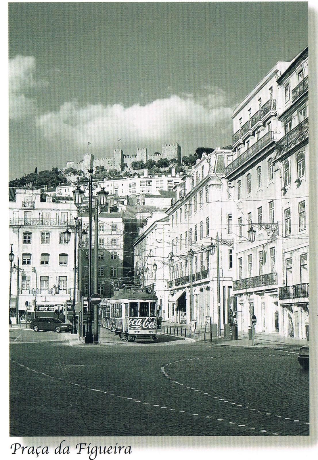 Praça da Figueira Lisbon Tram and Castle View Monochrome Premium Postcard
