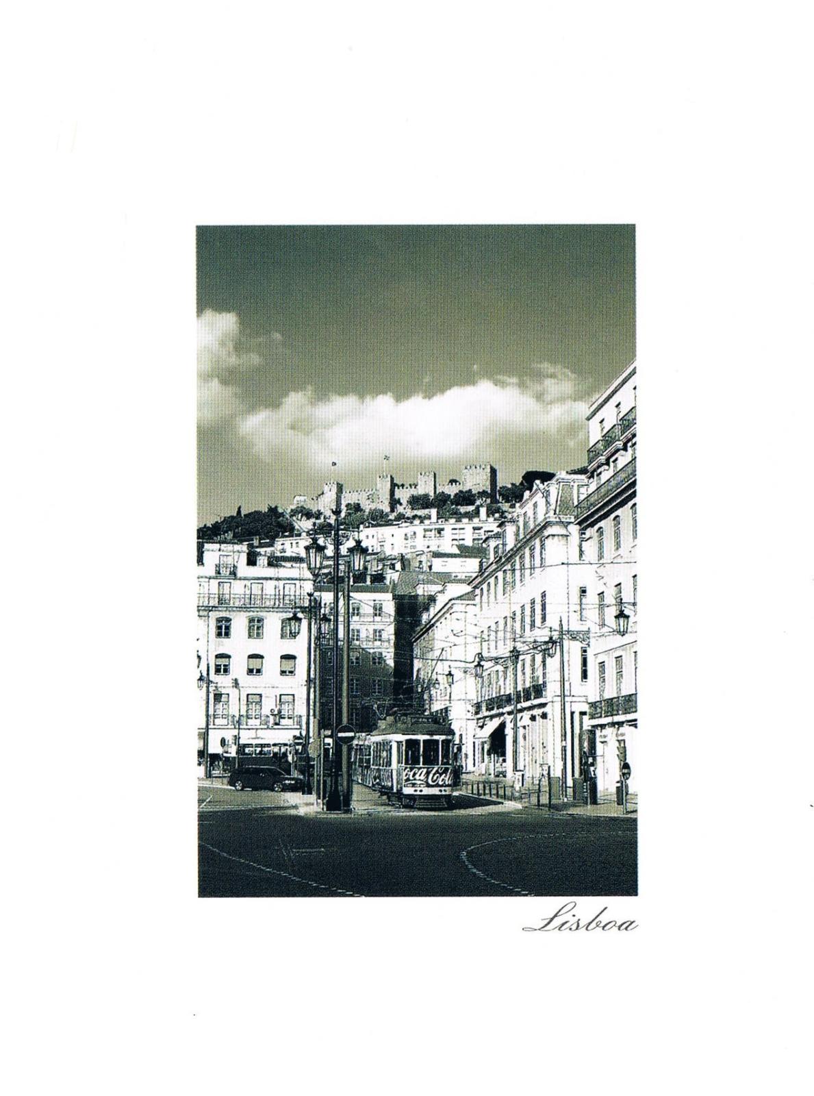 Lisbon Tram and São Jorge Castle Cityscape Monochrome Premium Postcard