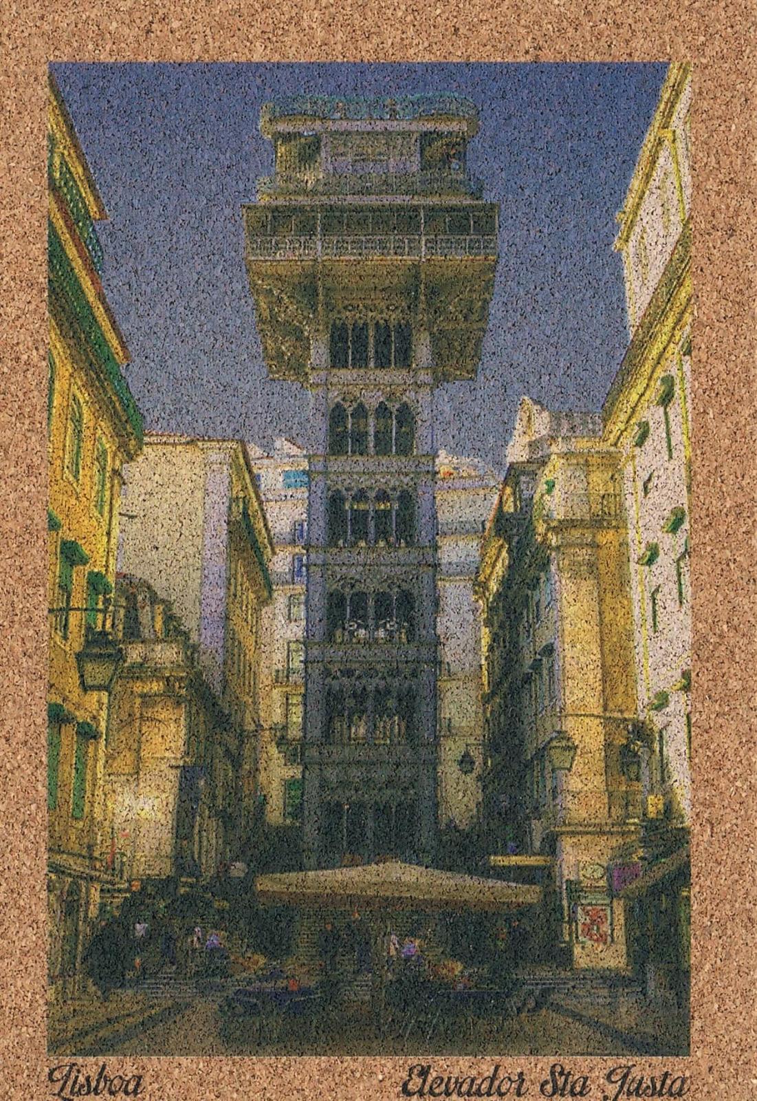 Santa Justa Lift among Lisbon Historic Buildings Illustrated Cork Postcard
