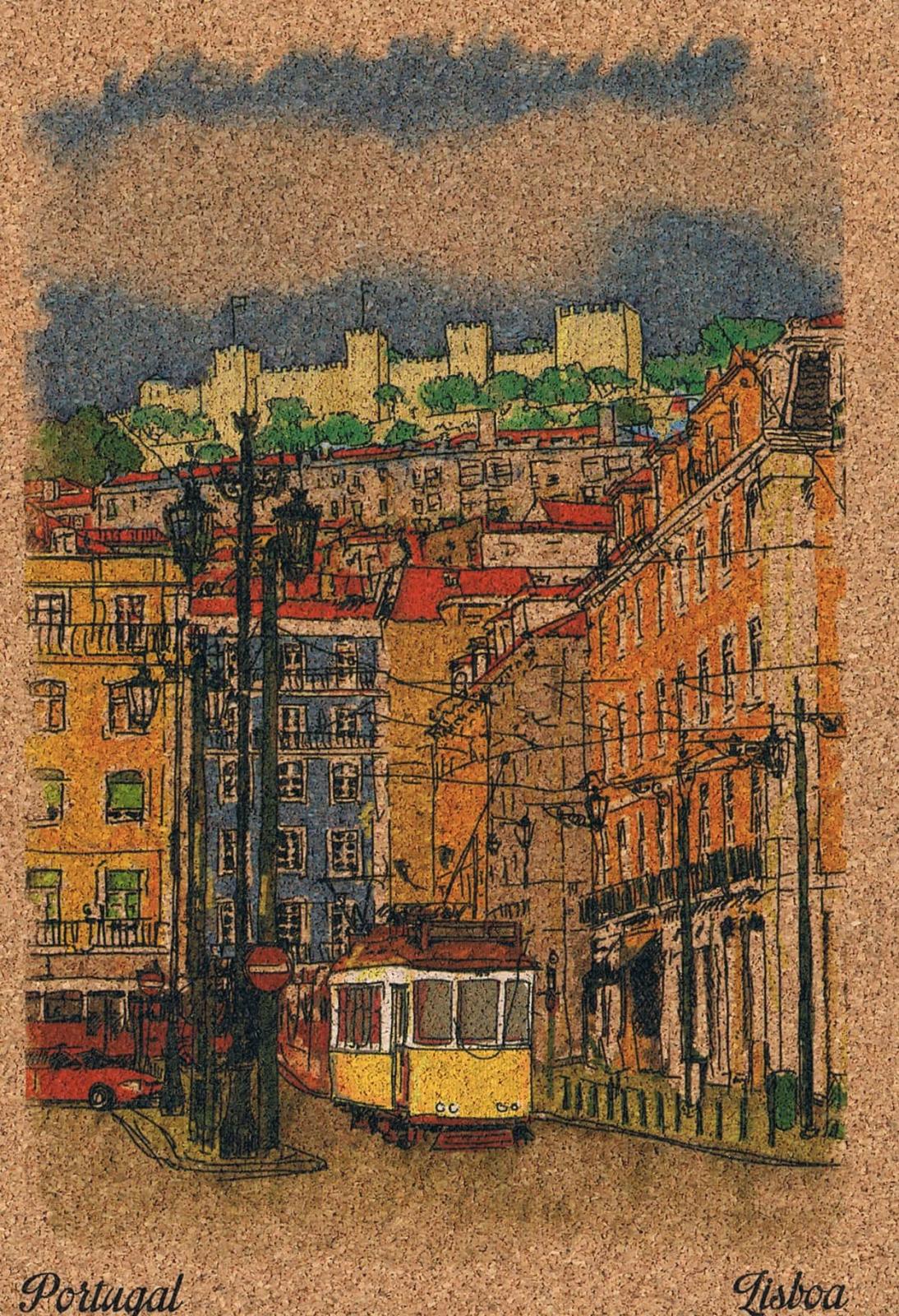 Lisbon Tram below São Jorge Castle Illustrated Cork Postcard
