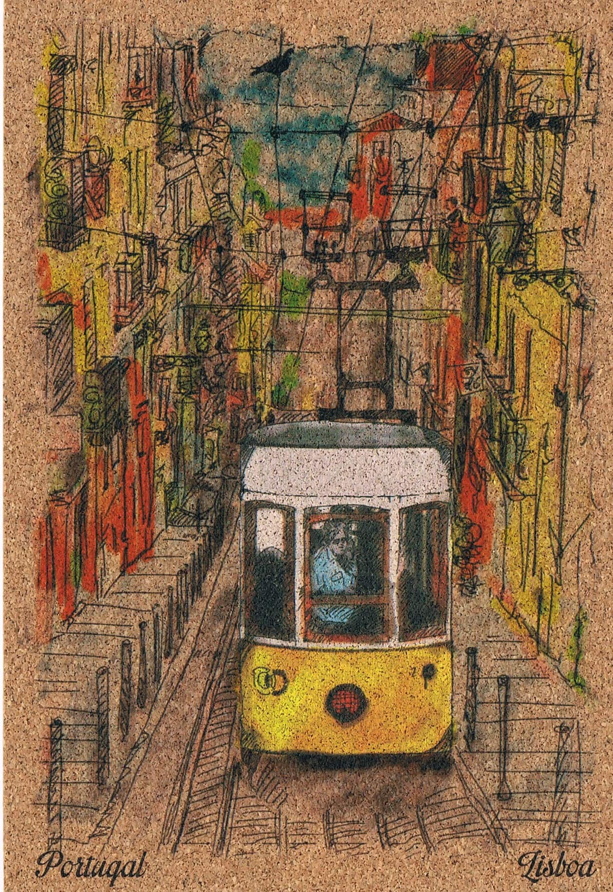 Bica Funicular on Cobbled Lisbon Street Illustrated Cork Postcard