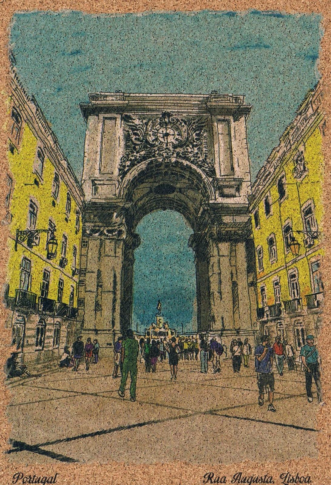 Rua Augusta Arch from Lisbon's Pedestrian Street Illustrated Cork Postcard