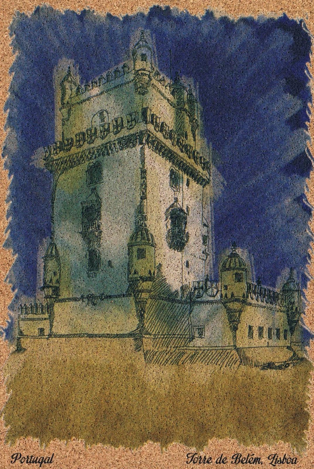 Belém Tower Blue-Sky Illustration Cork Postcard