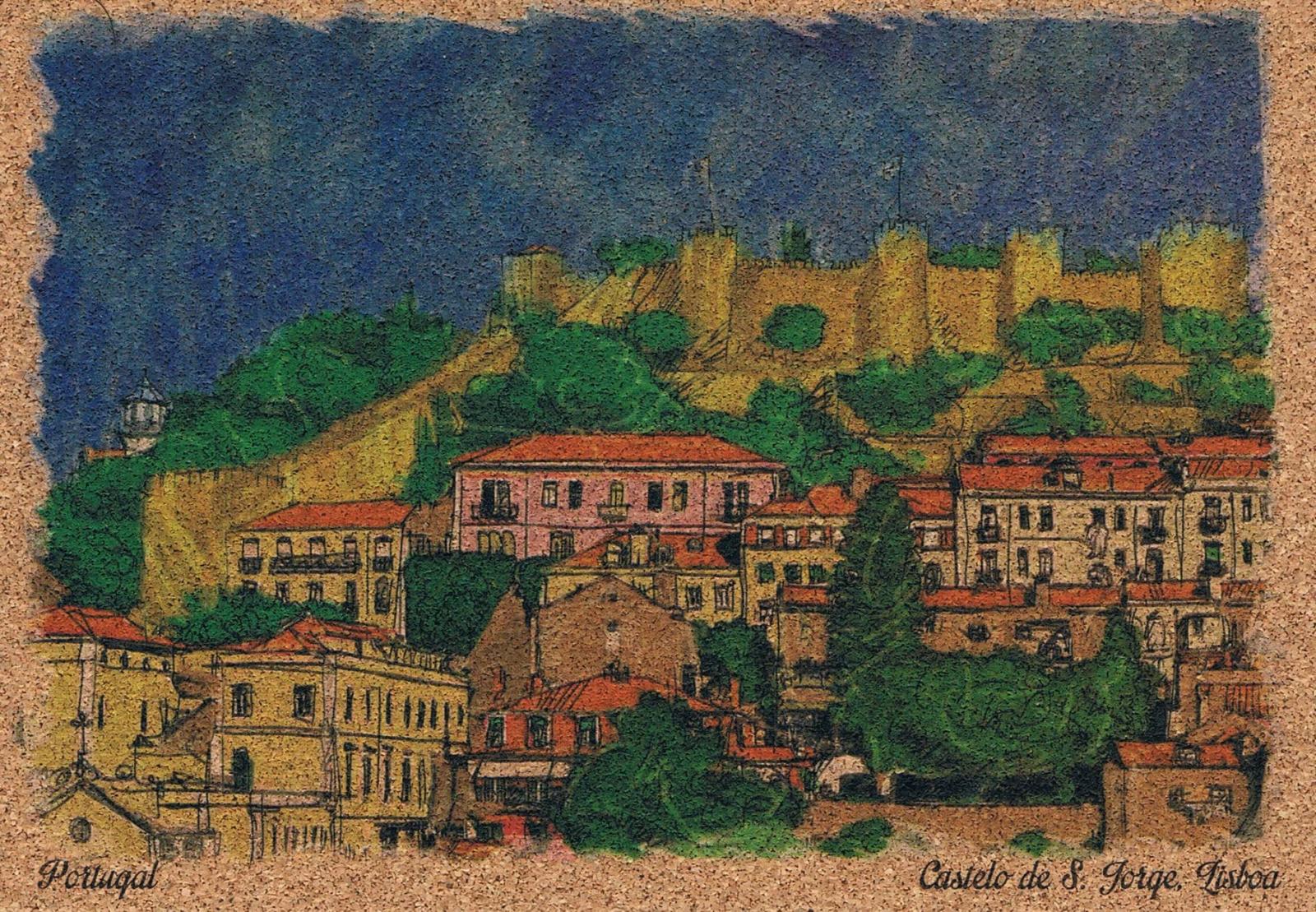 São Jorge Castle above Lisbon Rooftops Illustrated Cork Postcard