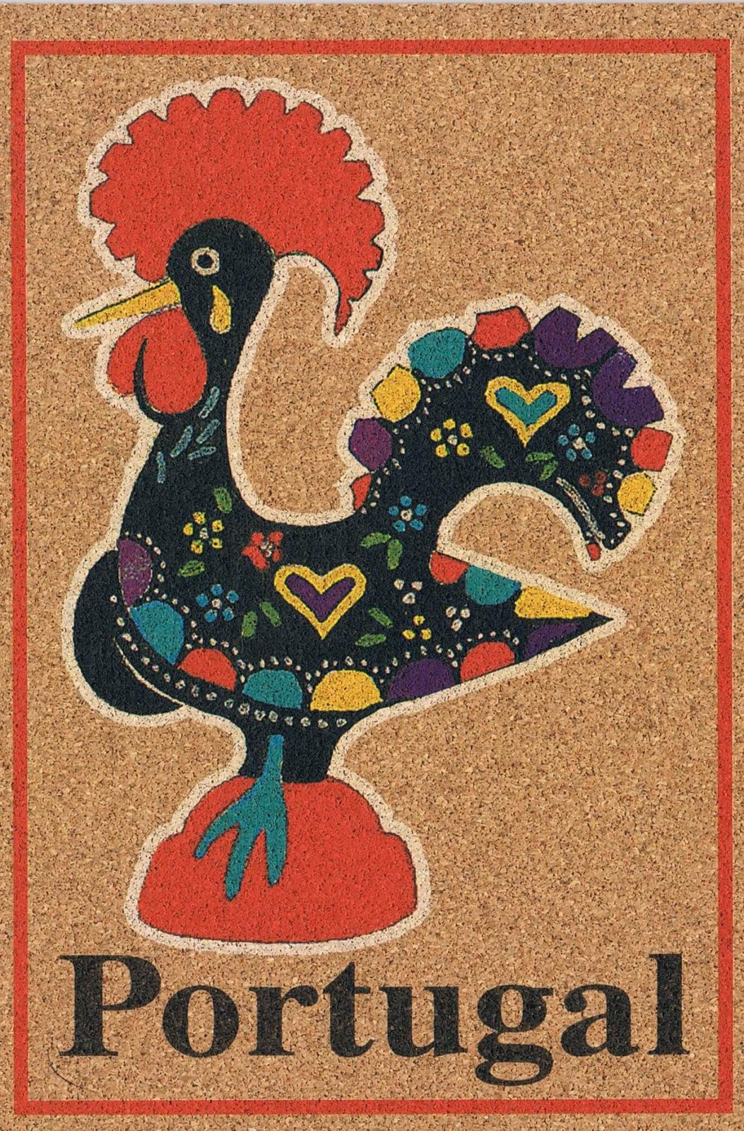 Colourful Galo de Barcelos with Portugal Lettering Cork Postcard