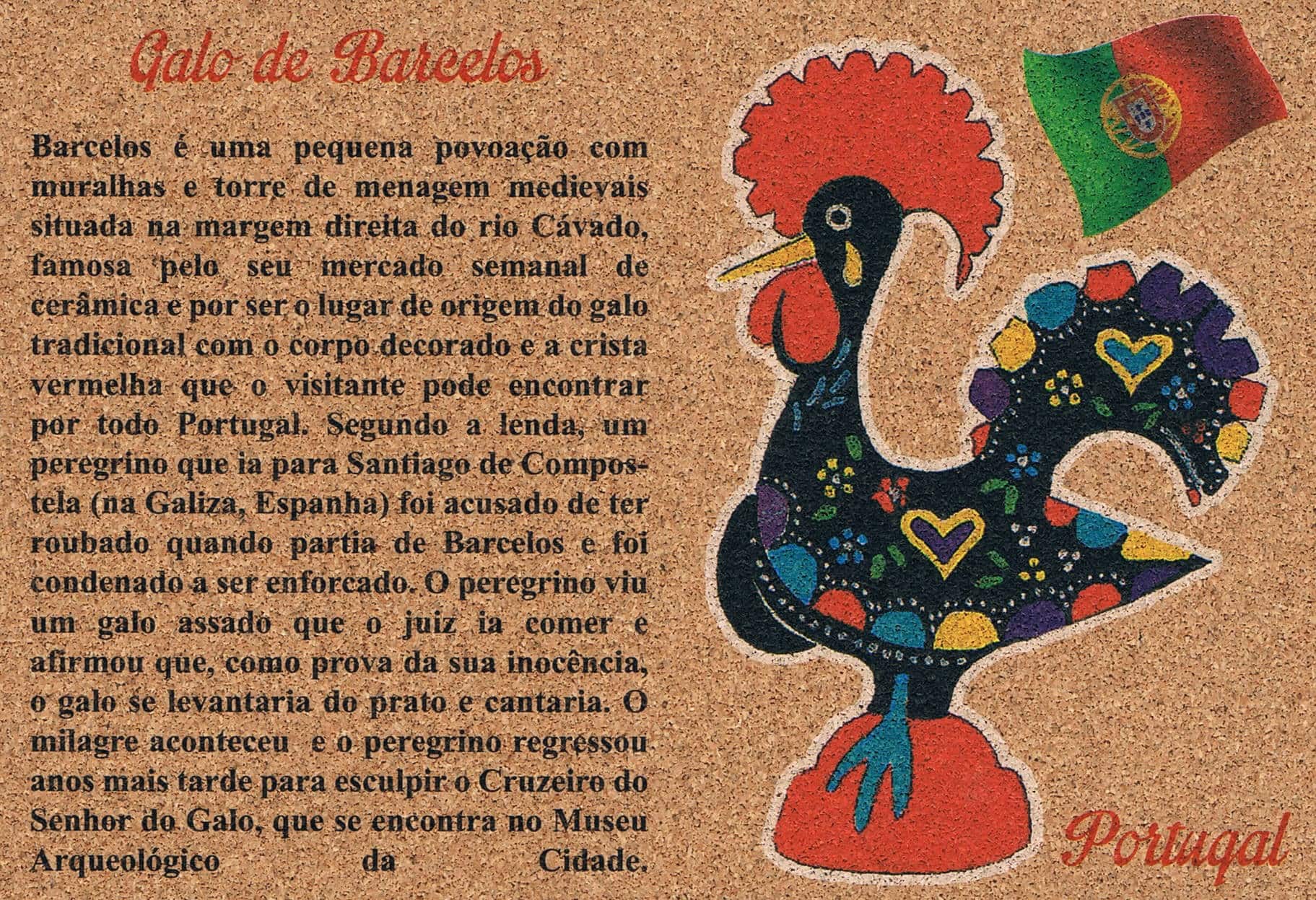 Barcelos Rooster Legend in Portuguese Cork Postcard