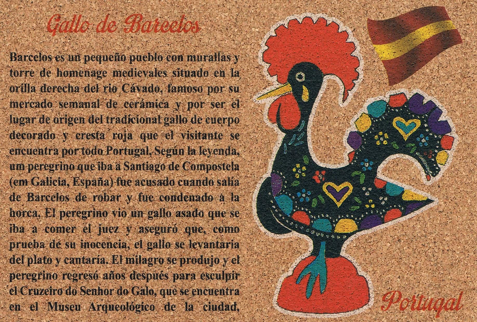 Barcelos Rooster Legend in Spanish Cork Postcard
