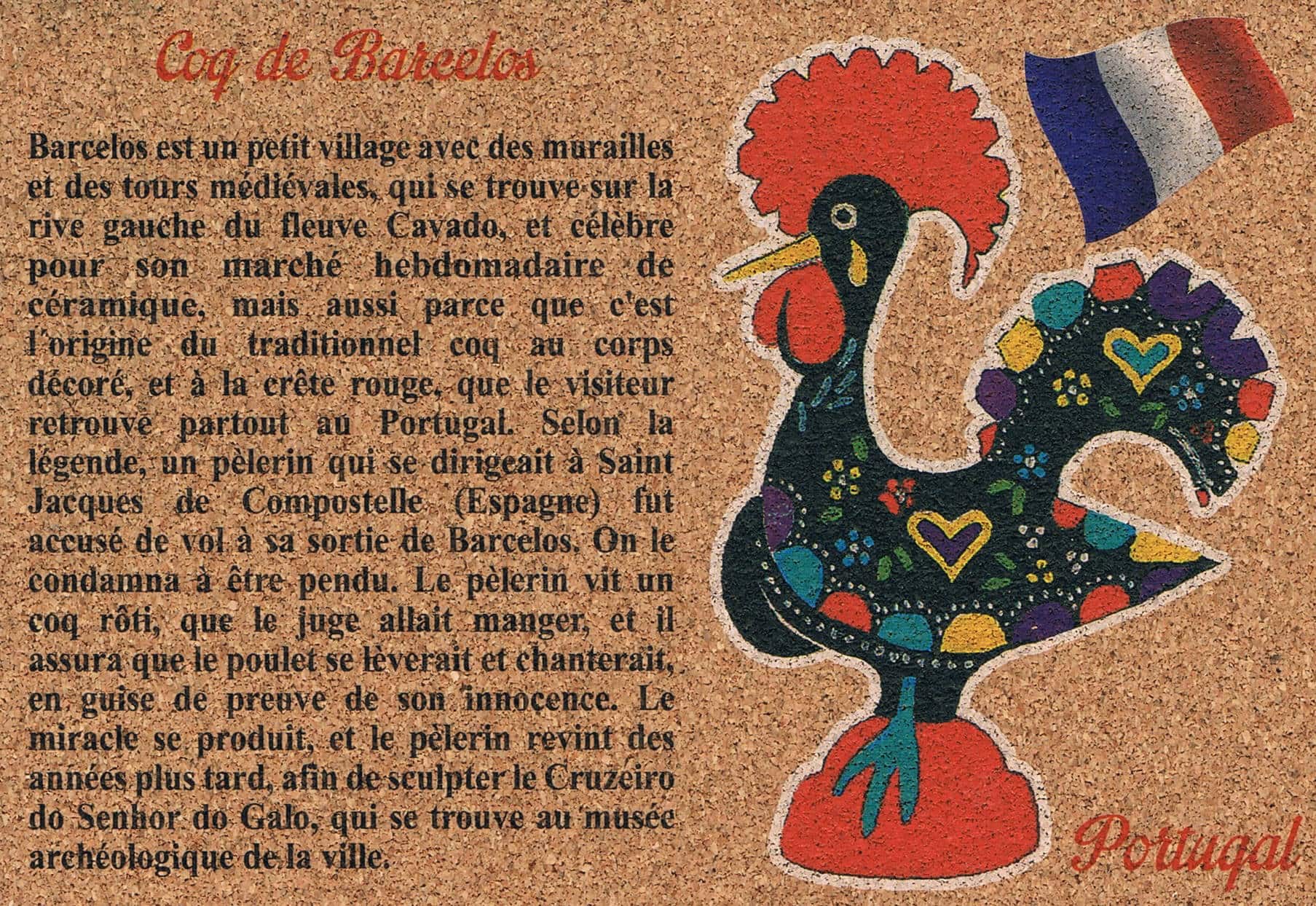 Barcelos Rooster Legend in French Cork Postcard