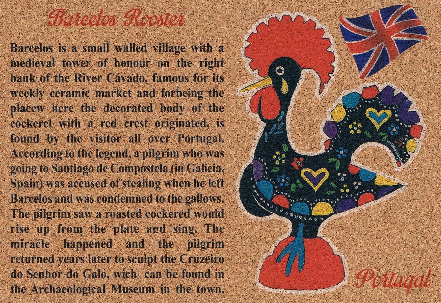 Barcelos Rooster Legend in English Cork Postcard