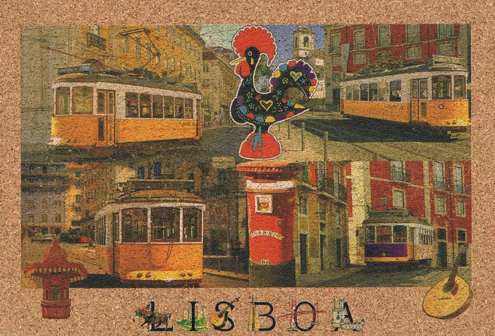 Lisbon Trams and Galo de Barcelos Photo Collage Cork Postcard