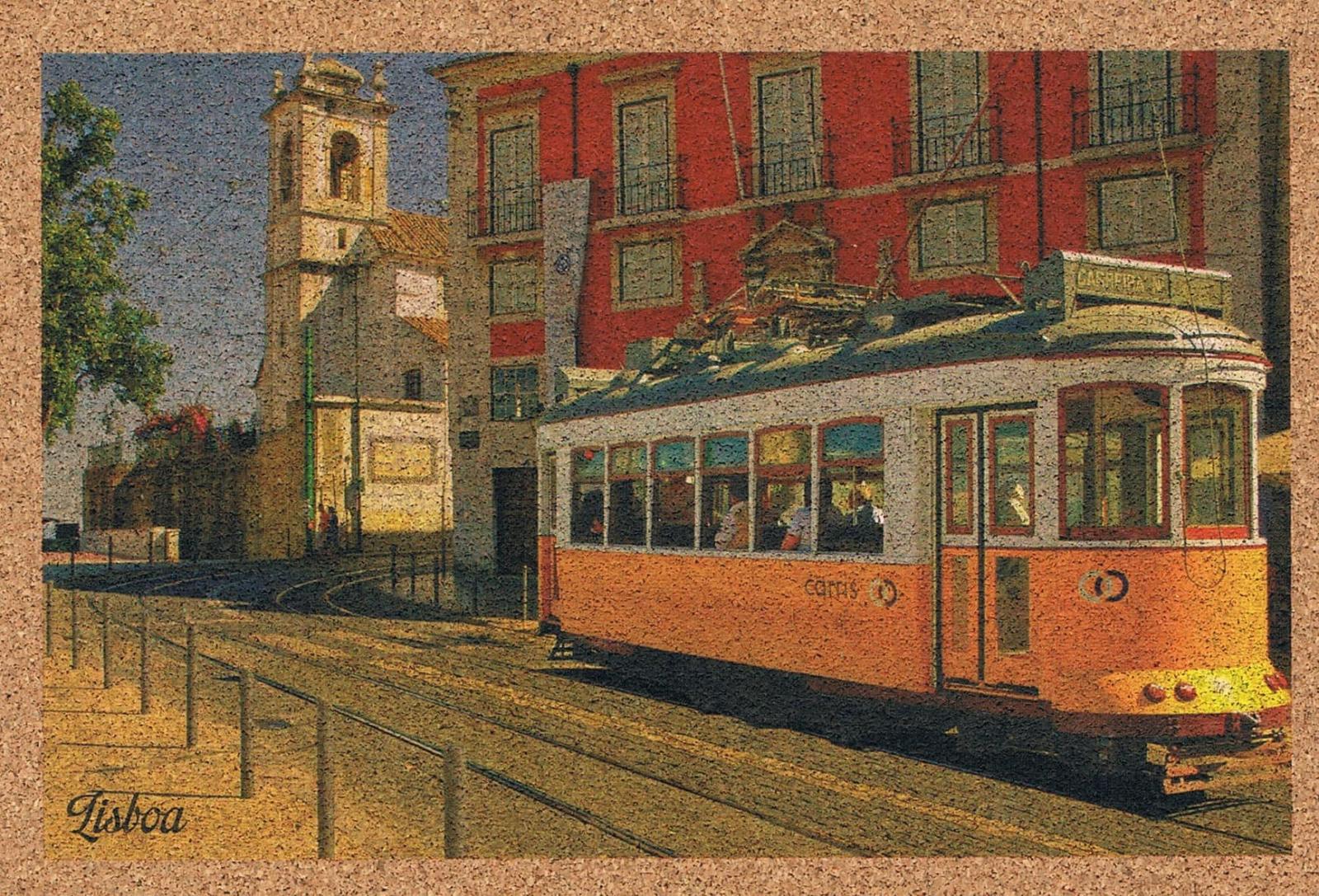 Historic Lisbon Tram by Red Building and Bell Tower Cork Postcard