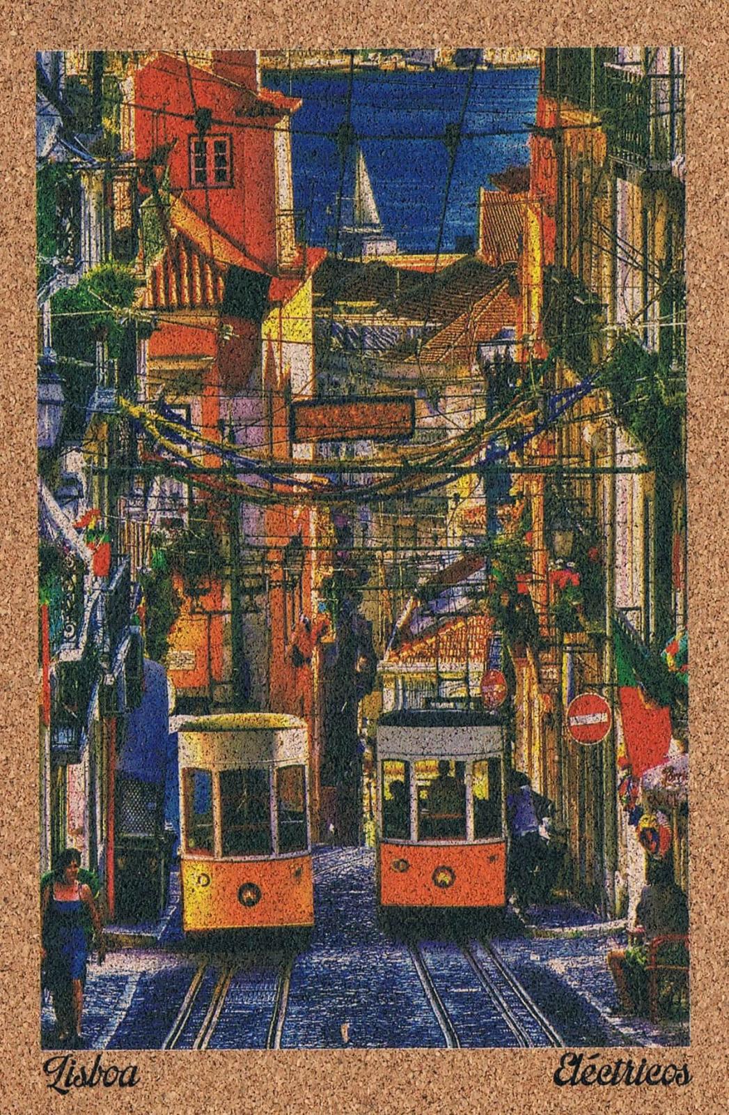 Two Yellow Lisbon Trams on a Narrow Cobbled Street Cork Postcard