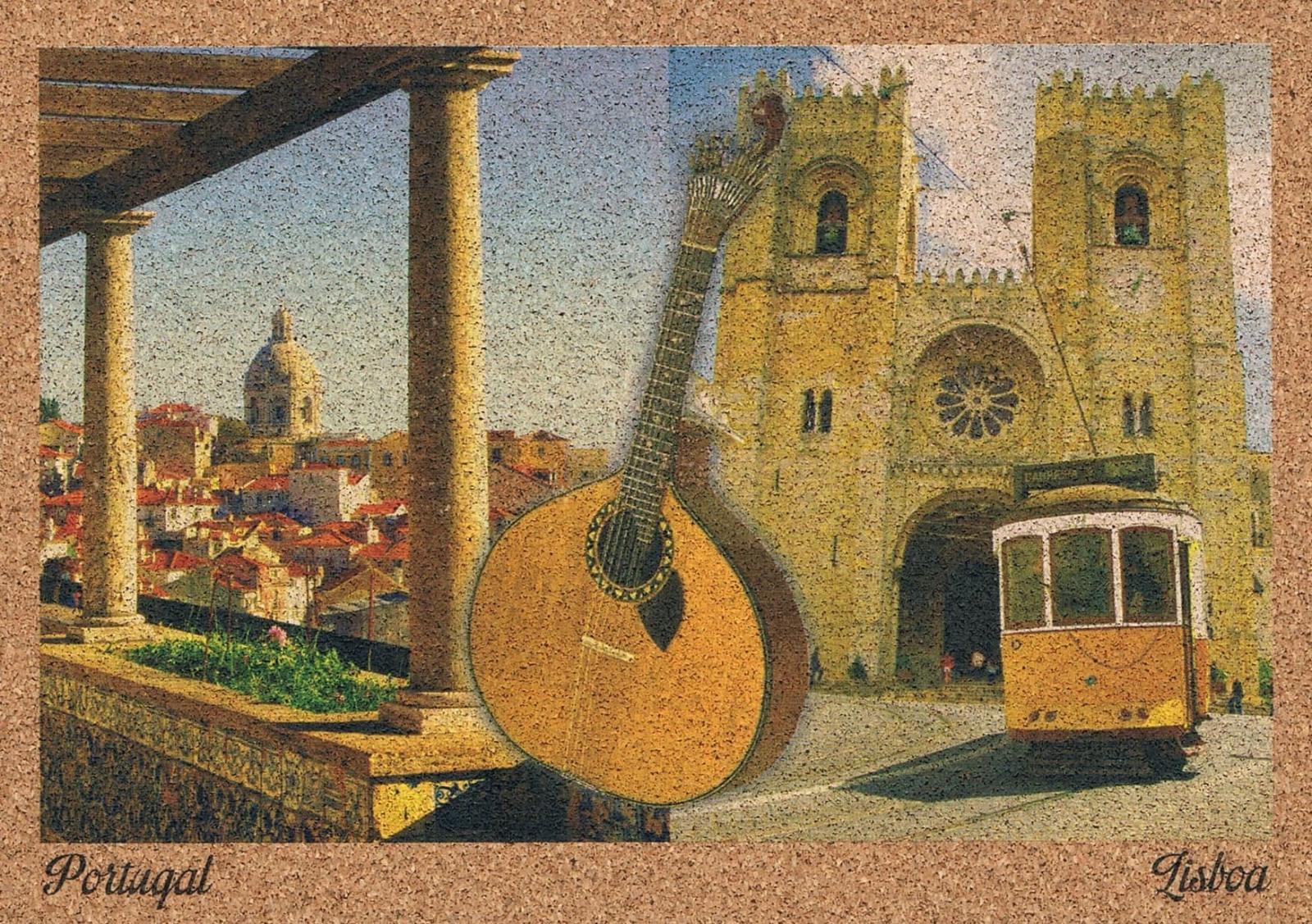 Portuguese Guitar, Lisbon Cathedral and Yellow Tram Cork Postcard