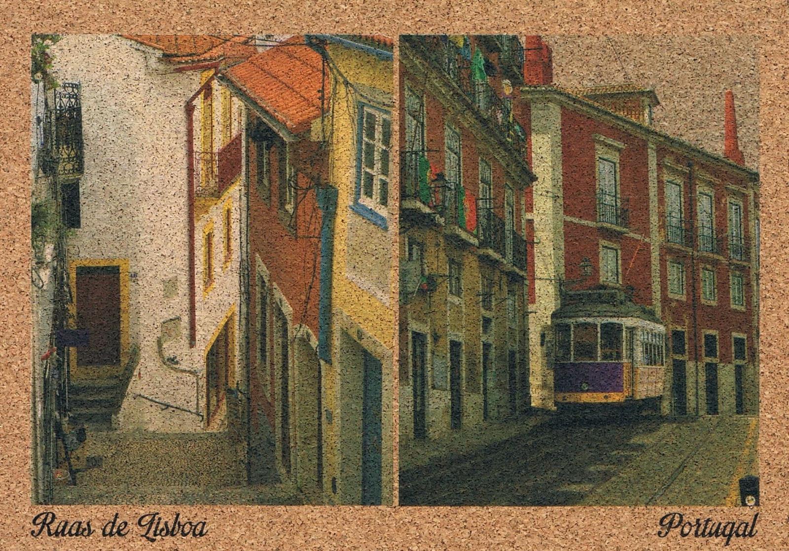 Colourful Lisbon Streets and Tram Diptych Cork Postcard