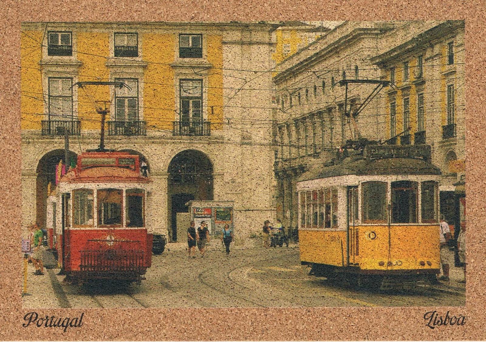 Red and Yellow Lisbon Trams Side by Side Cork Postcard