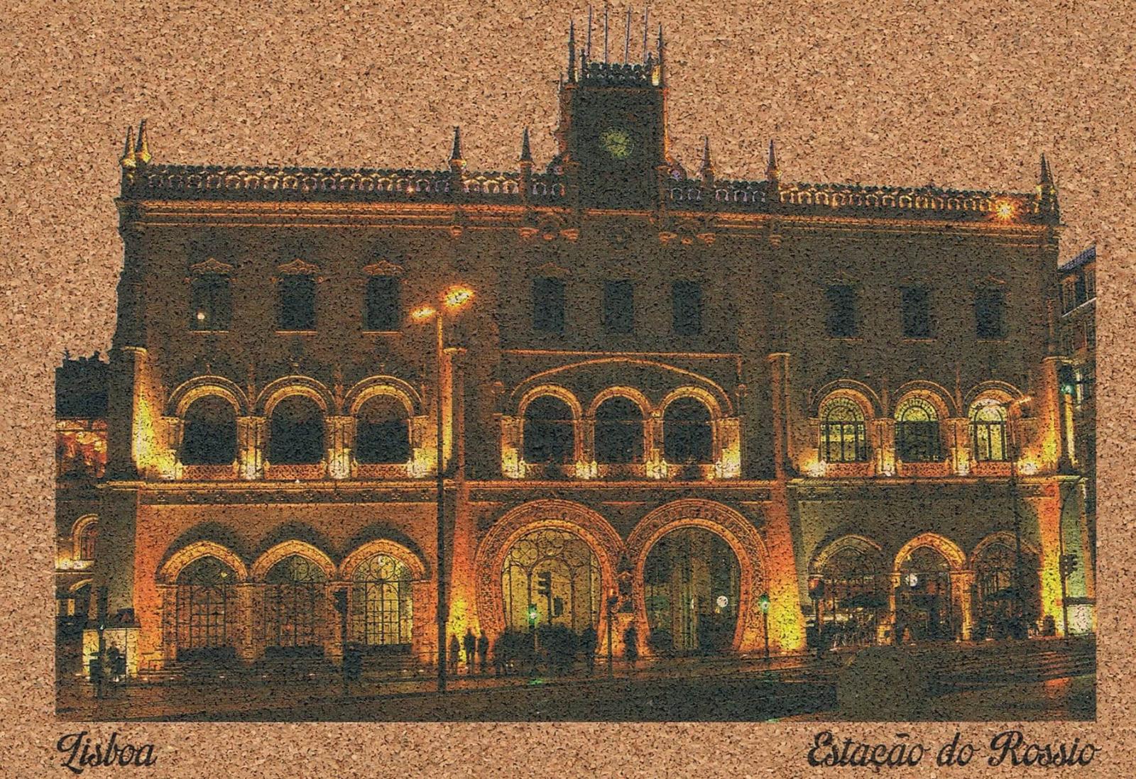 Rossio Railway Station Illuminated at Night Cork Postcard