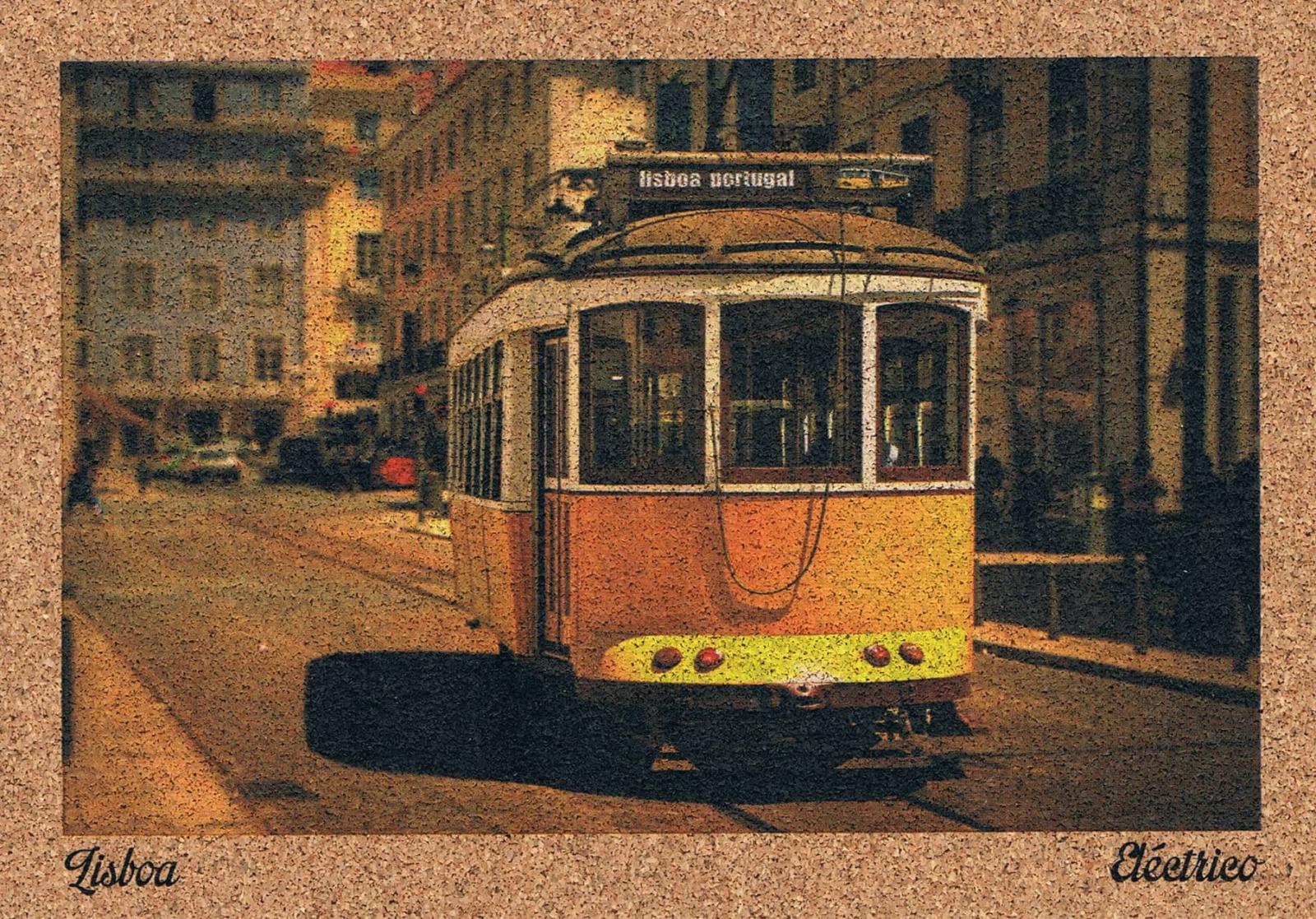 Traditional Yellow Lisbon Tram in Historic Street Cork Postcard