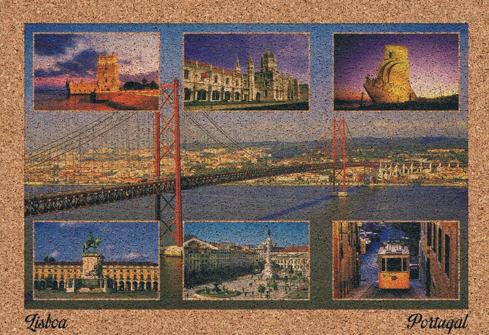 25 de Abril Bridge and Lisbon Landmark Photo Collage Cork Postcard