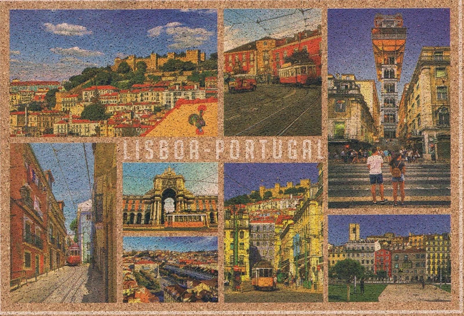 Lisbon Landmarks and Santa Justa Lift Collage Cork Postcard