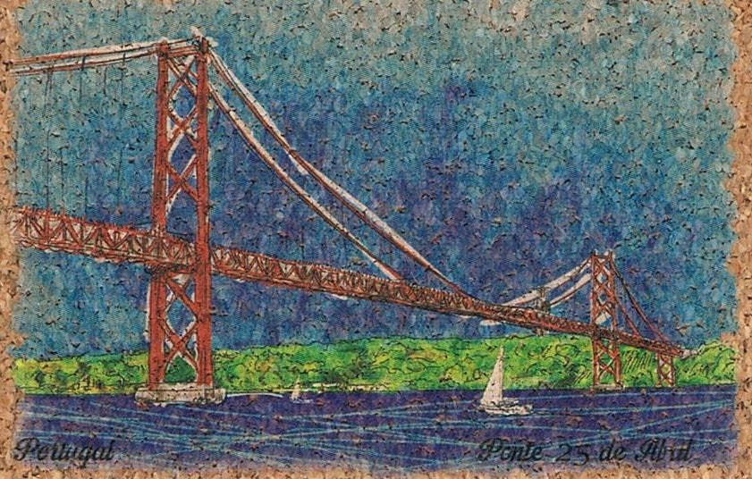 25 de Abril Bridge with Sailboats Cork Fridge Magnet