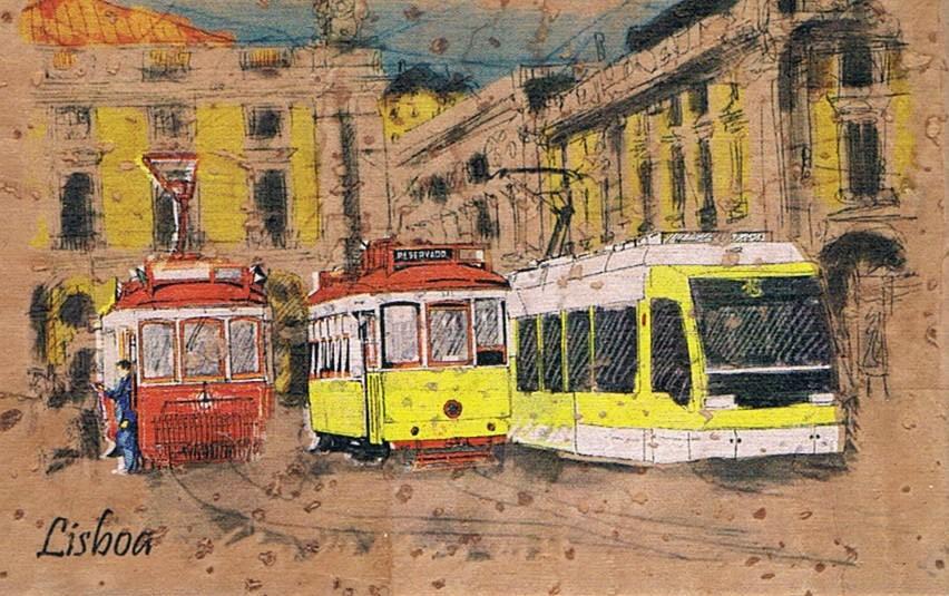 Traditional and Modern Lisbon Trams Illustrated Cork Fridge Magnet
