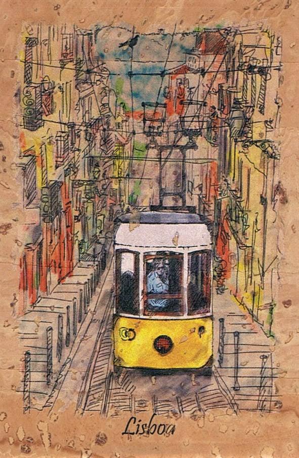 Lisbon Yellow Tram on Narrow Street Illustrated Cork Fridge Magnet
